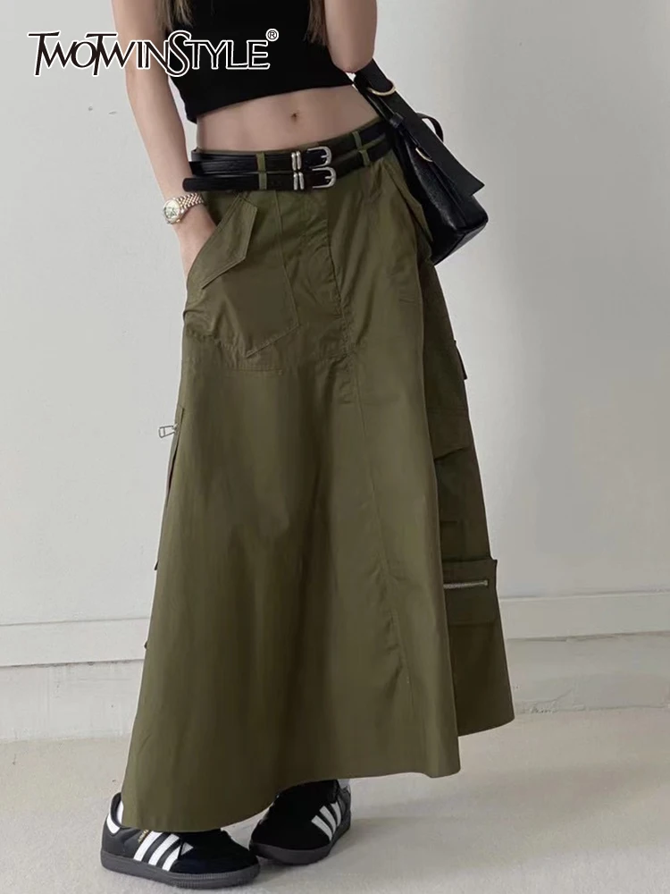 

TWOTWINSTYLE Patchwork Double Belt Skirts For Women Dropped Waist Spliced Pockets Vintage A Line Skirt Female Fashion Clothing