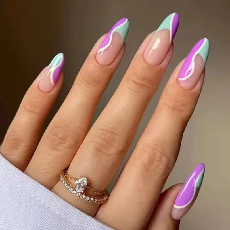

W094 Almond French Fake Nails Set Press on Medium Faux Ongles
