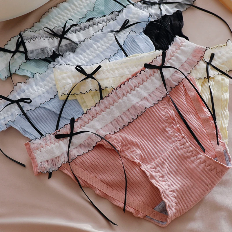

Cotton Low Waist Bow High Slit Sexy Lace Panties Cute Lovely Sweety Breathable Elasticity Seamless Underwear Princess Breifs