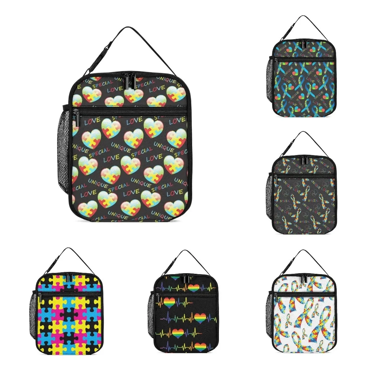 

Colorful Autism Awareness Puzzle Pieces Heart Black Art Lunch Bag for Men Women Meal Prep Quick and Simple Organization