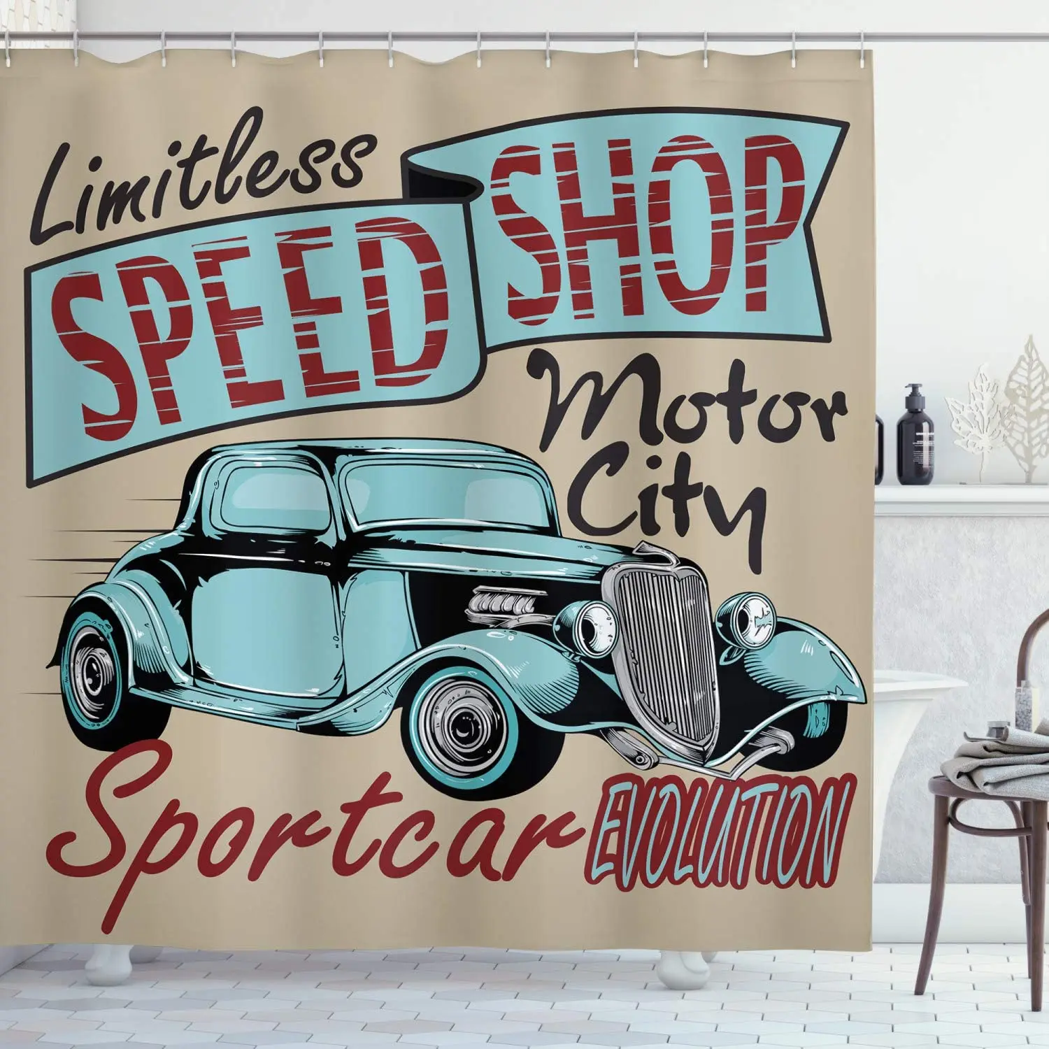 Ретро-занавеска для душа Ностальгический рекламный принт античный спорт авто в