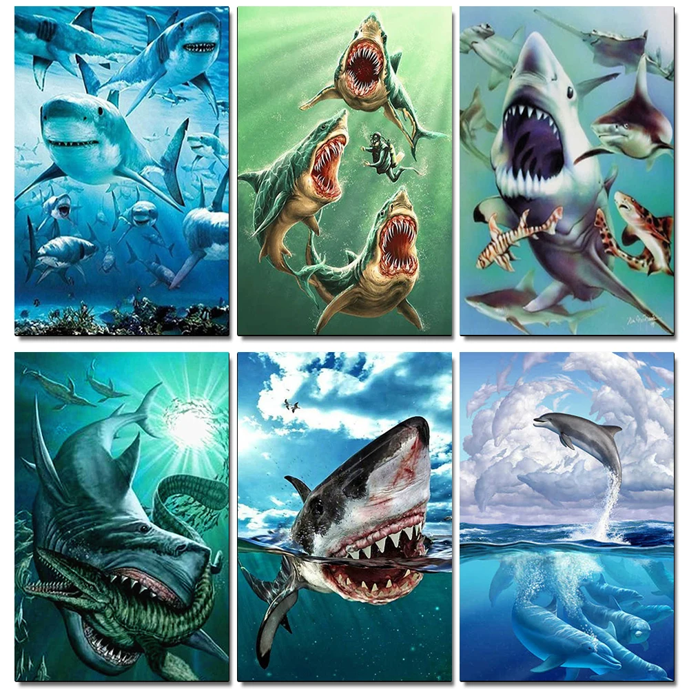 

OLOEY Diamond Painting Shark Full Square/Round Drill Diamond Embroidery Animal Sea Home Decor Handmade Picture Of Rhinestones