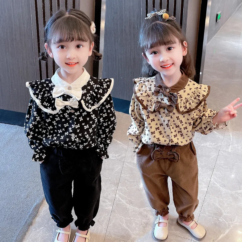 

2022 Children Clothes Kids Turn Down Collar Suit Warm Cotton Girl Floral Top Corduroy Pant 2pcs Autumn Suits