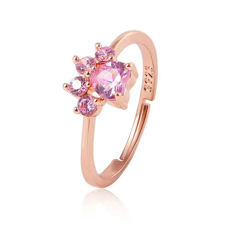 

European and American Fashion Cute Cat Claw Footprint Zircon Open Adjustable Ring Women's Personality Simple Temperament Ring