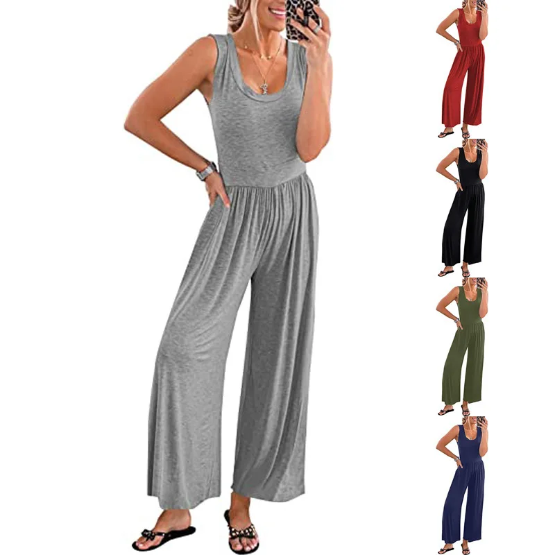 

Women Rompers 2023 Summer New Ladies One Piece Loose Jumpsuit Sleeveless Backless Playsuit Wide Leg Pants Overalls Solid