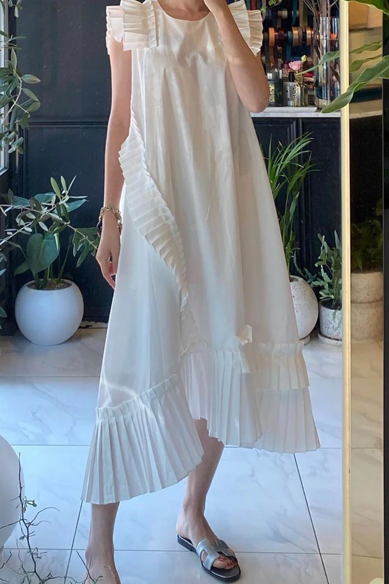 

Irregular Ruffles Pleated Summer Dress Women Round Neck Sleeveless Casual Loose Fashion Elegant Clothes 2022 Ladies Dresses