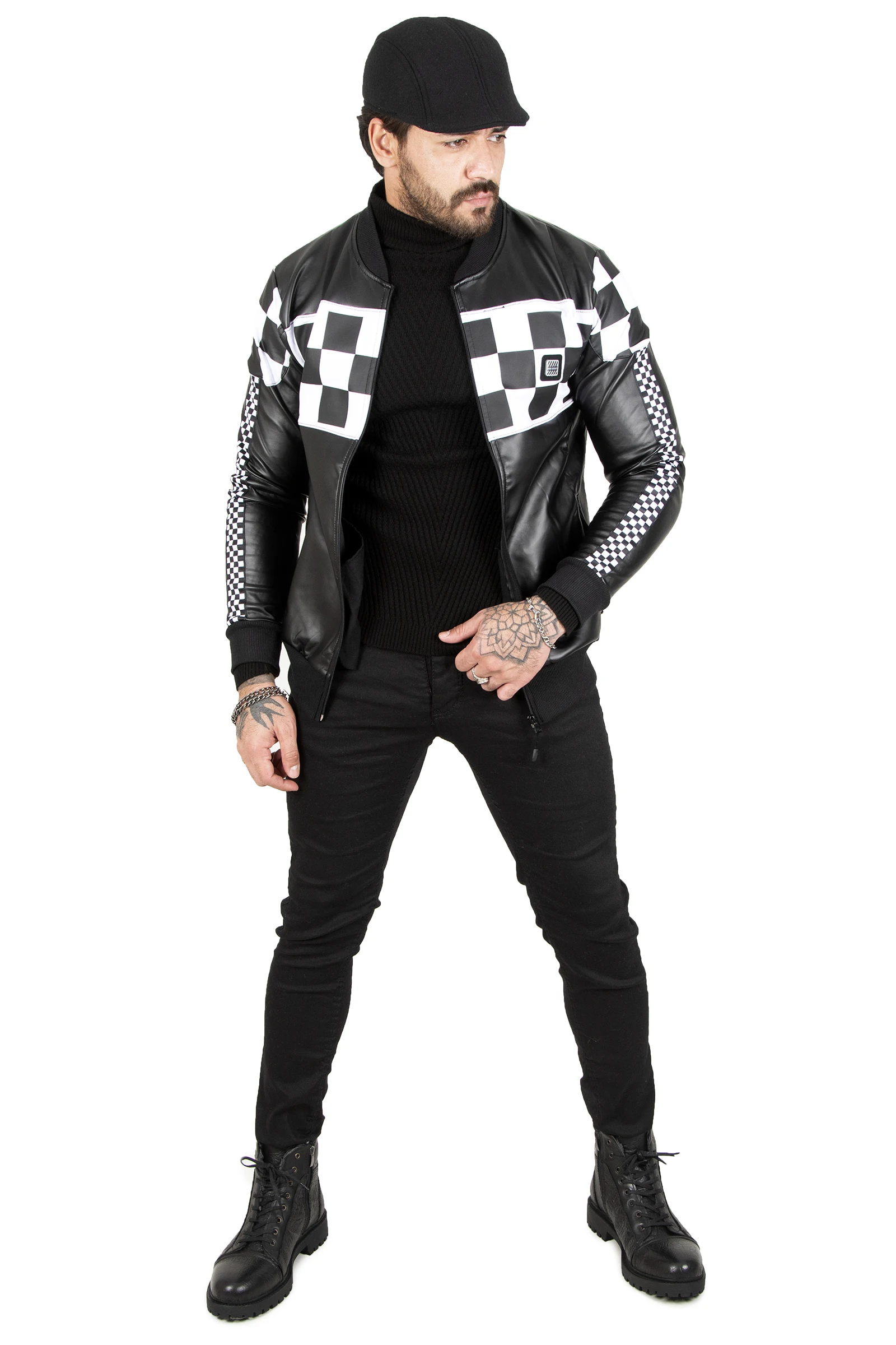DeepSEA Checkerboard Embossed Zipper Leather Coat 2100182