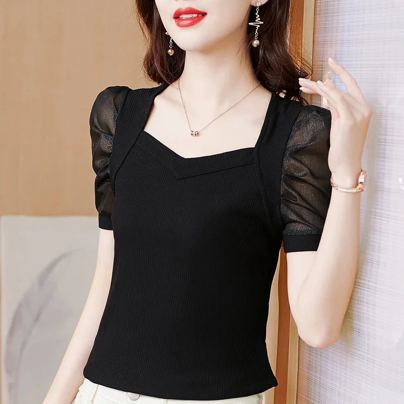 

2022 Summer New Solid Color Cotton Slim Short-sleeved Knitted Temperament Commuter Pullover Palace Style Puff Sleeve Top