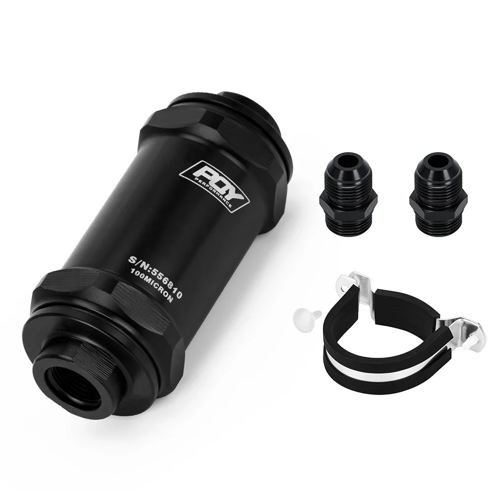 Фильтр PQY черный AN6 / AN8 / AN10 со встроенным топливным фильтром E85, этанол с элементом из нержавеющей стали 100 микрон и наклейкой PQY