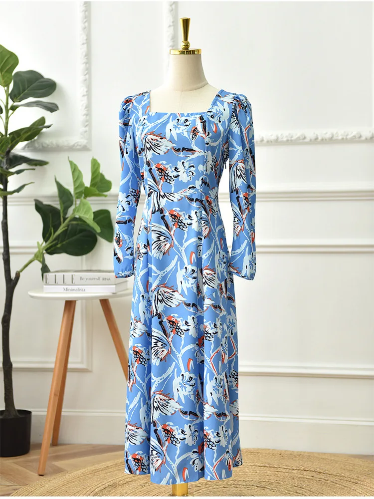 Women's Square Collar Dress Blue Butterfly Print Bubble Sleeve Medium Length A-line Skirt Slim Spring Summer 2023 New