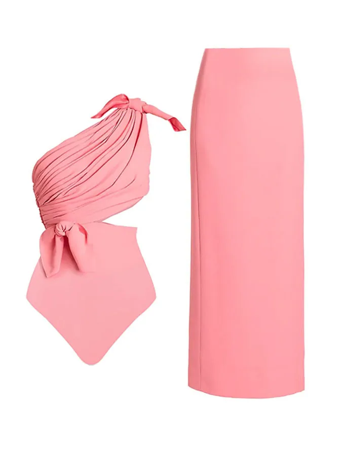 

Women's Swimwear Backless One Piece Pink Asymmetric Shoulder Strap Swimsuit Summer Beach Swimsuit Sets Sexy Bikini