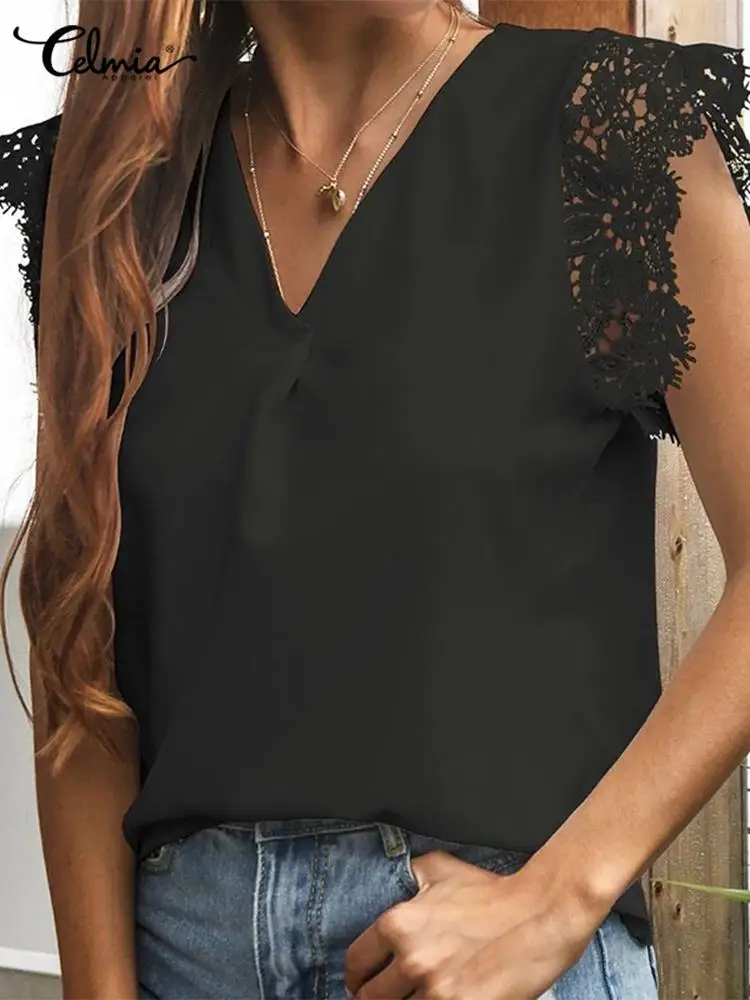 

Celmia Women 2022 Summer Blusas Sleeveless V Neck Fashion Solid Color Shirts Lace Stitching Elegant All-match Tank Tops Blouse