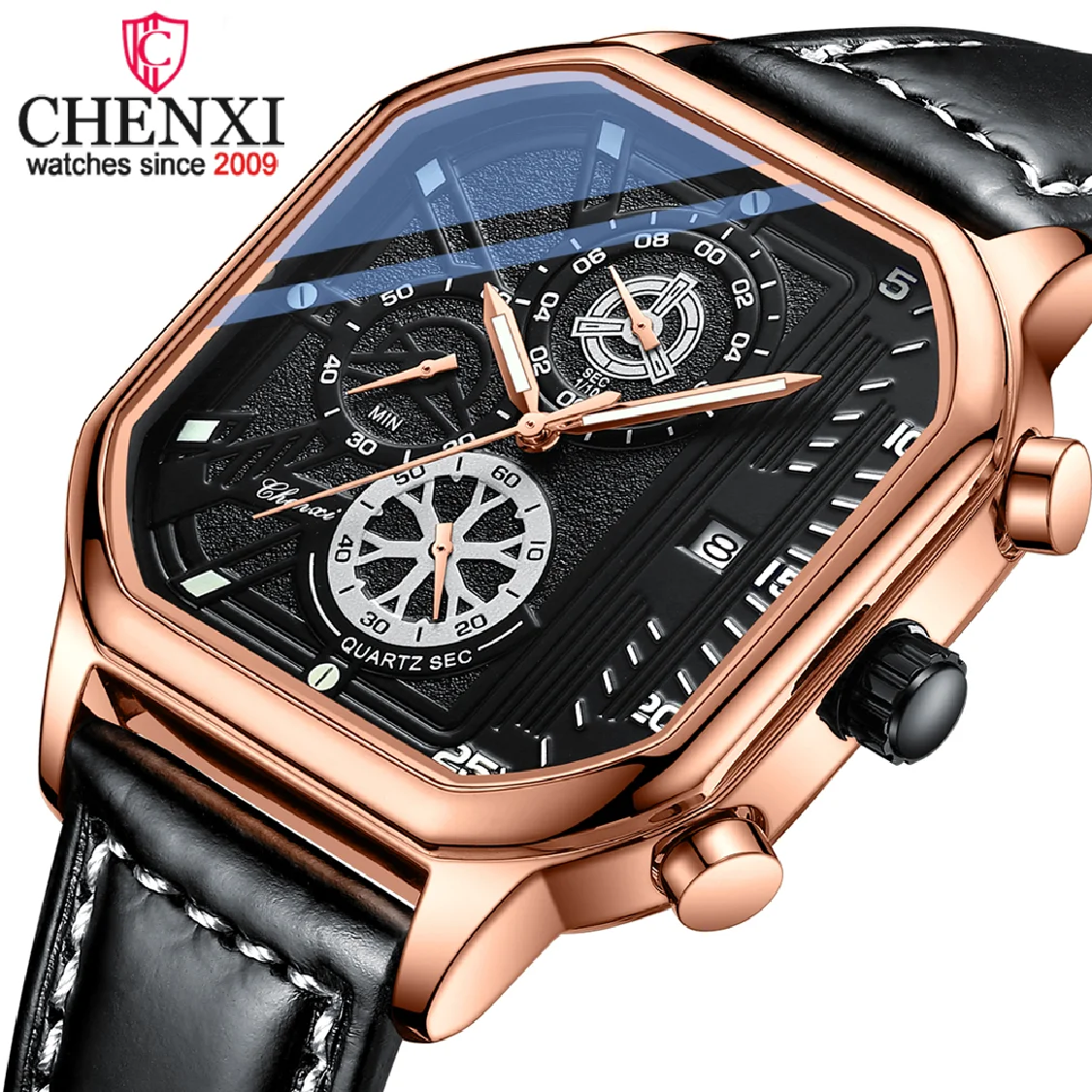 

CHENXI New Fashion Square Men's Watches Casual Leather Waterproof Wrist Watch Quartz Men Sport Watch Chronograph Date Clock