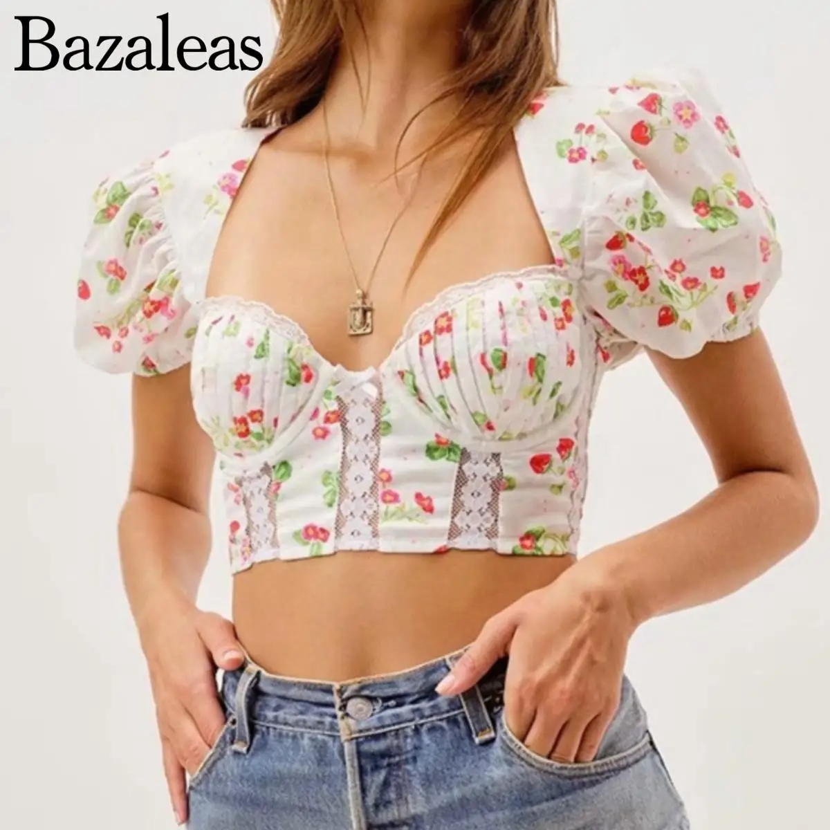 

Floral Print Crop Top Female Backless Puff Sleeve Summer Tops Blusas for women's Lace Patchwork