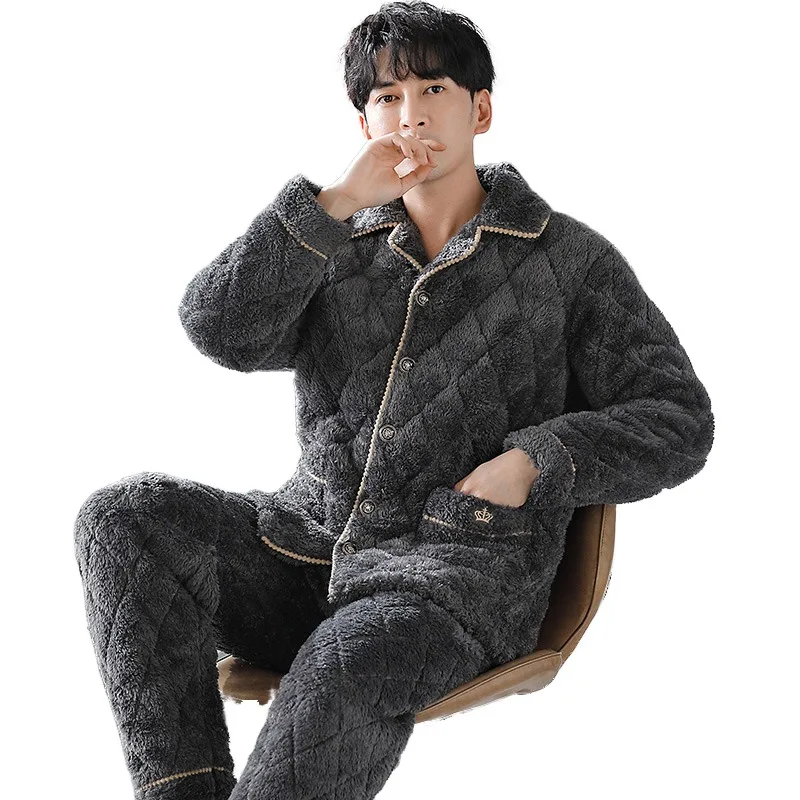 QUHENG Flannel Sleepwear New Men's Thicken Warm Winter Fleece Pajamas Set Nightgown Long Sleeve Button  Pijamas Home Clothes