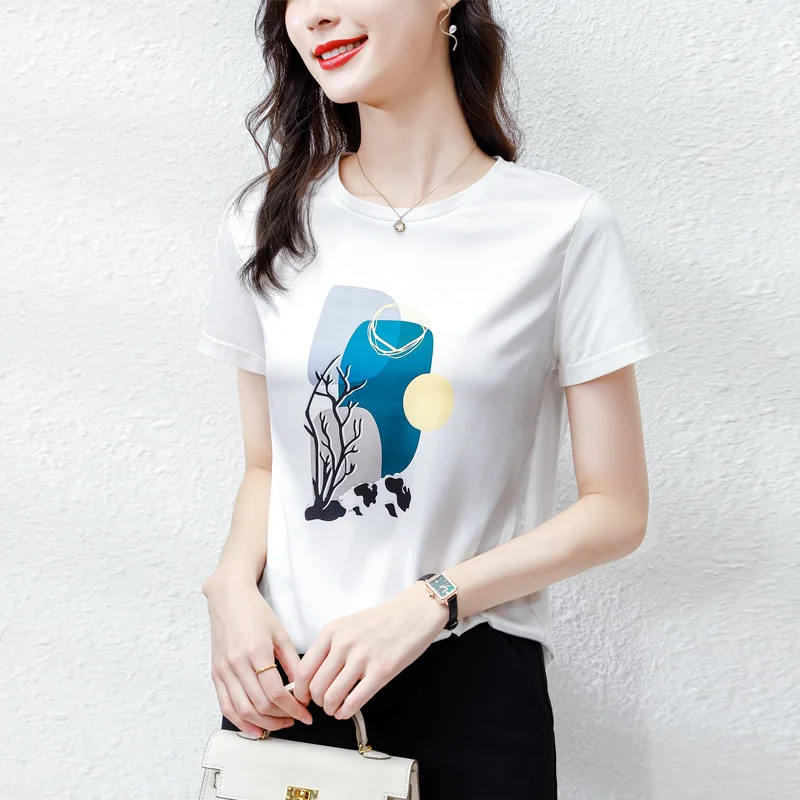 

#1586 Korean Fashion Satin T Shirt Women White Summer Short Sleeve T Shirt 3D Print Silk Tshirt Femme Office Lady M-3XL Summer