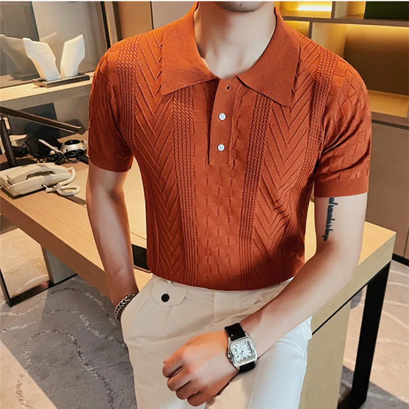 

Летняя мужская Роскошная Одежда, вязаная рубашка-поло с лацканами, повседневная однотонная полосатая футболка с коротким рукавом, дышащая тонкая ткань