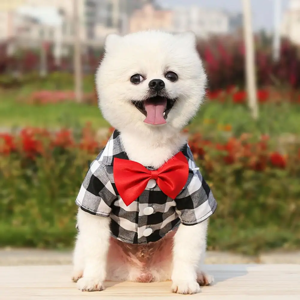 

Pet T-Shirt Plaid Printing Bow-knot Decor Polyester Turndown Collar Dog Costume Shirt for Daily Life