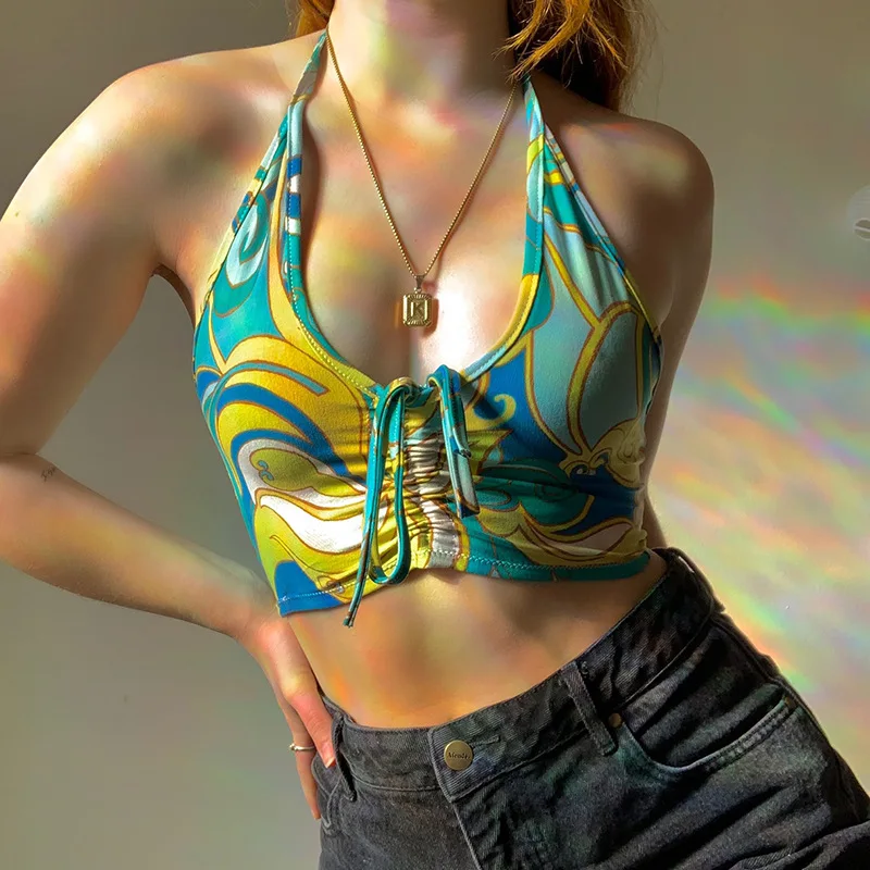 

Y2K Nine Points Top Ladies Deep V Neck Halter Tie Dye Printed Vest Camis 2021 Lace-up Beach Party Sexy Camisole Top Fashion