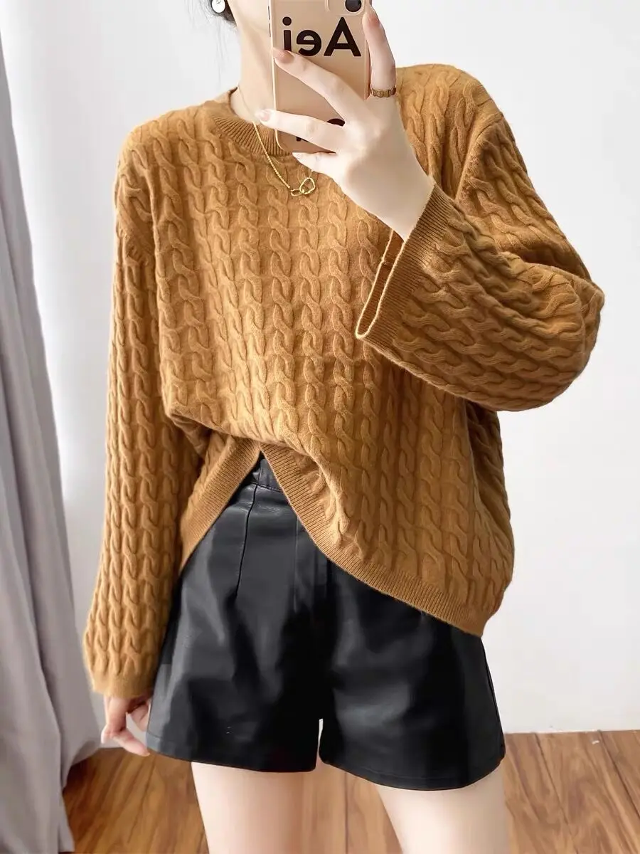 

Женский трикотажный пуловер, повседневный однотонный Свободный пуловер с круглым вырезом, Осень-зима 100%