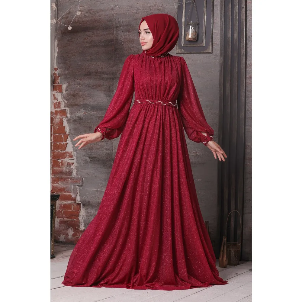 

Вечернее платье Dorlie Veil-серебристо-бордовое вечернее платье Hijab 21680BR
