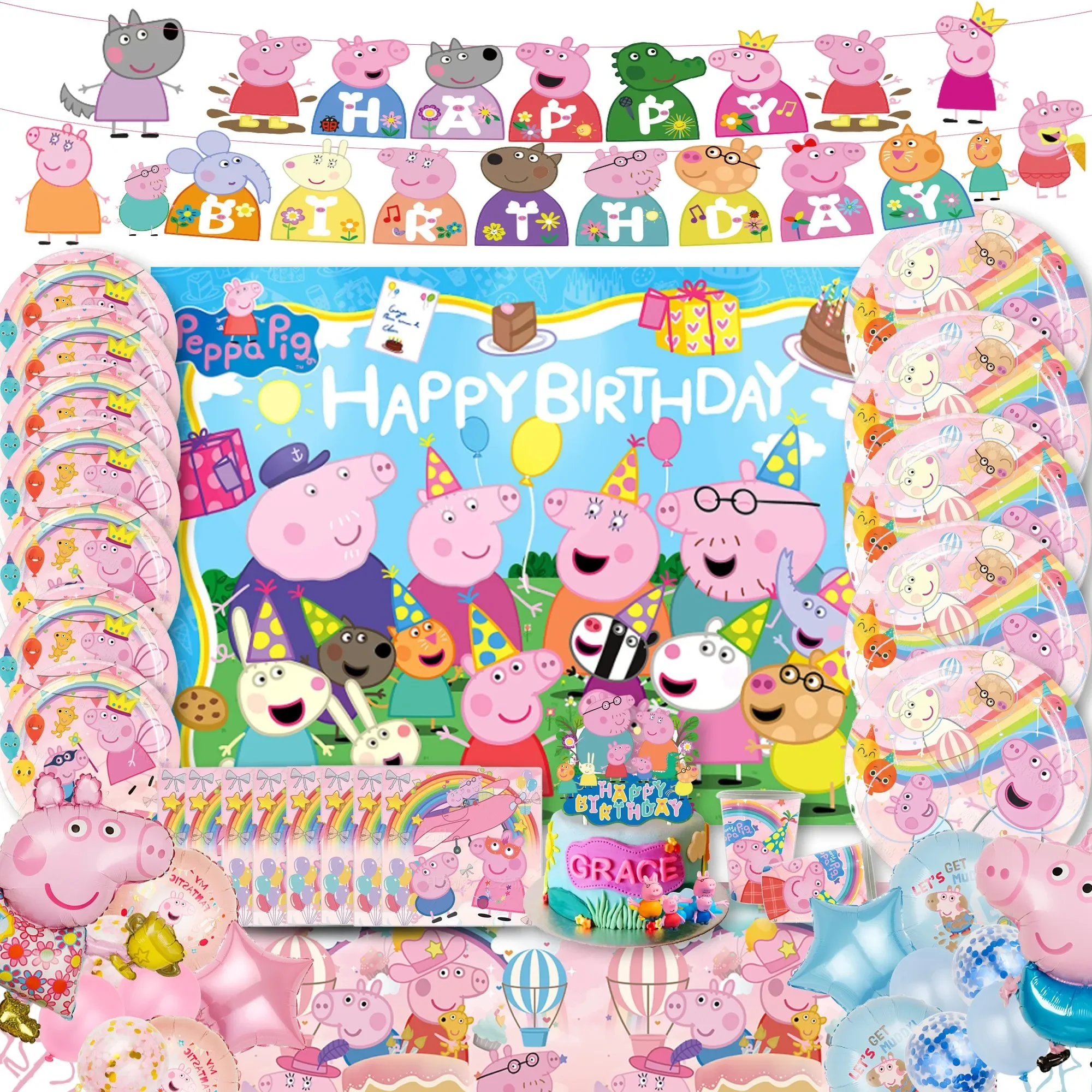 Cartoon Peppa Pig family Birthday Party cutlery plate Disposable Banner Topper Hanging Flag Balloons Cake shop Decoration