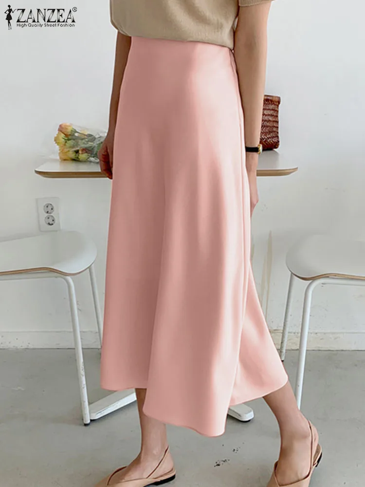 

Fashion High Waist A-line Solid Skirt Summer OL Work Faldas Saia Mid-calf Skirts 2023 ZANZEA Women Elegant Satin Skirts Jupe