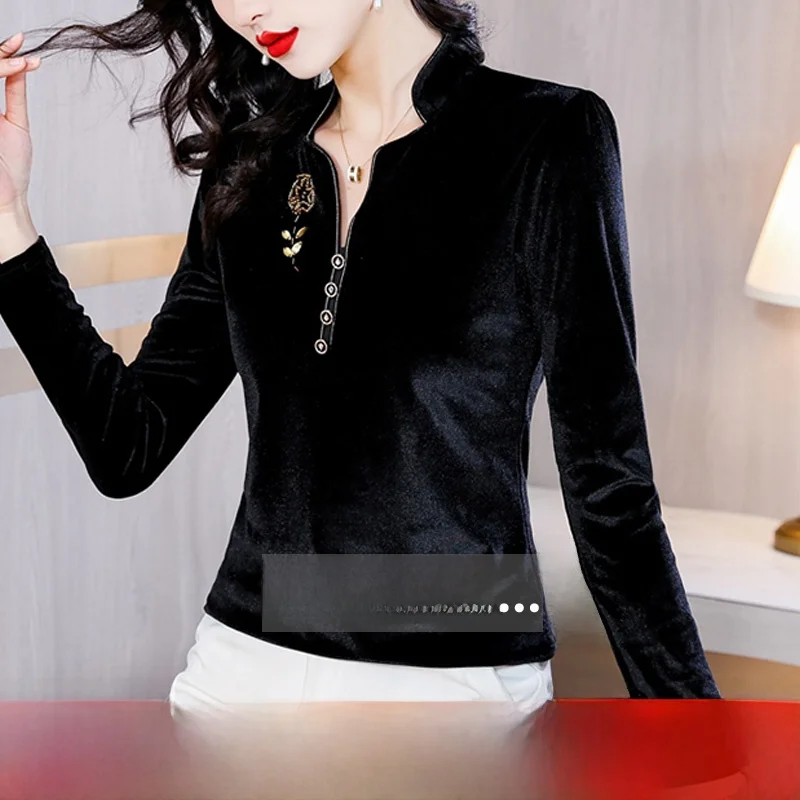 Gold Velvet Bottoming Shirt Women Long sleeve Embroidery T-shirt Spring Autumn and Winter New Middle-Aged Middle-aged ...