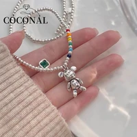 coconal women silver color neck necklace jewelry trend simple string of bead design bear zircon pendant party chain jewelry gift