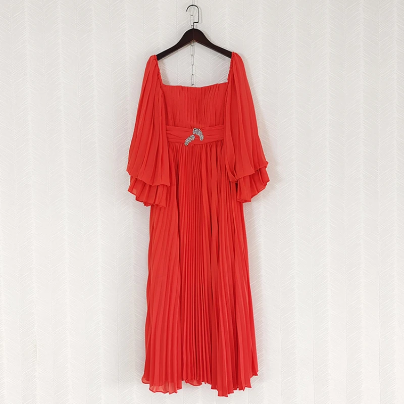 Dresses For Women 2023 Runway Luxury Maxi Dress Spring Summer Lantern Sleeve V-Neck Red White Pleated Ruffles Long Party Holiday