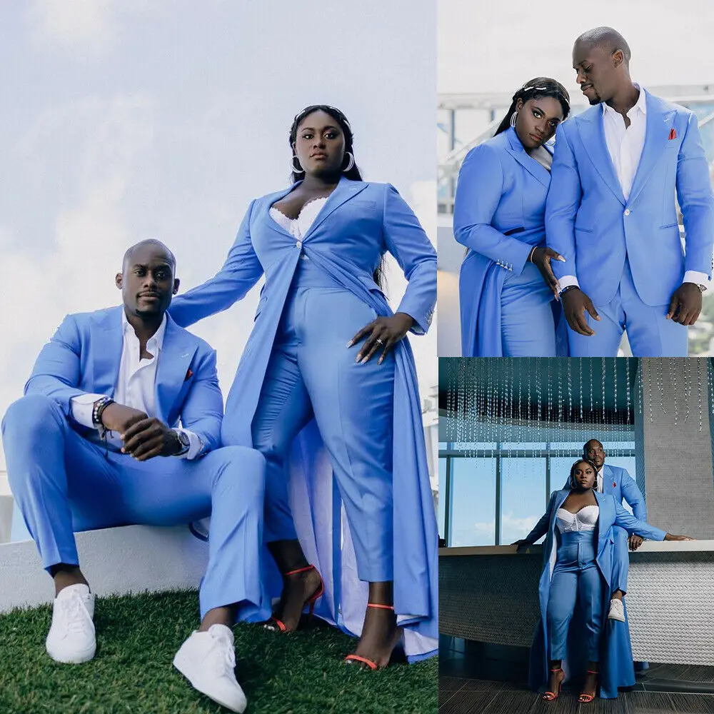 

2022 индивидуальные Синие Деловые свадебные костюмы для мужчин и женщин, костюм для пар из 2 частей, повседневный деловой костюм для вечеринки...