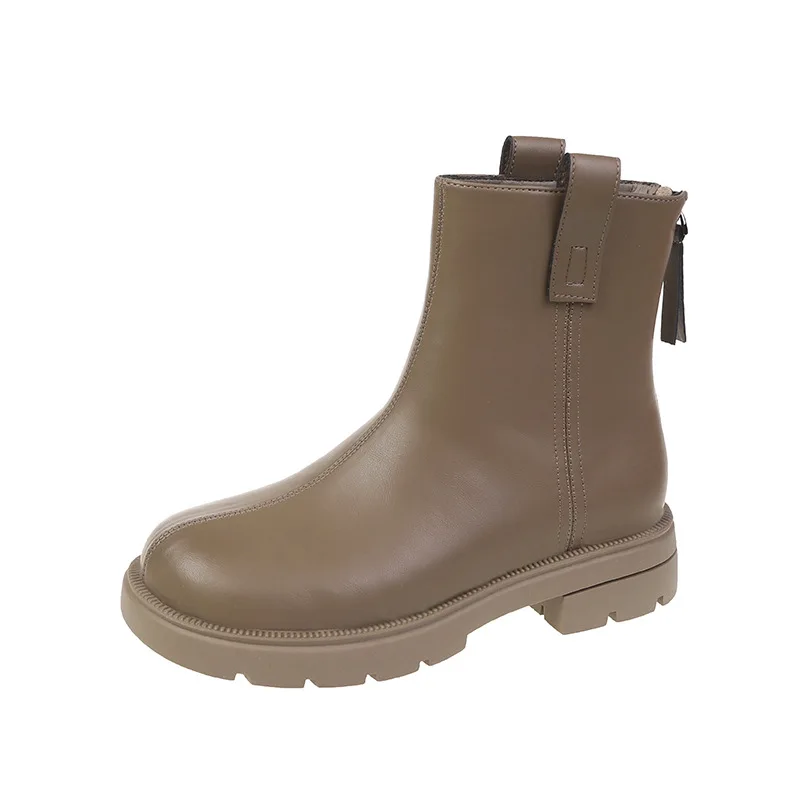 Women Thick Sole Short Boots Rear Zipper Round Flat Shoes Low Heel Fashion PU Mid Tube 2022 New