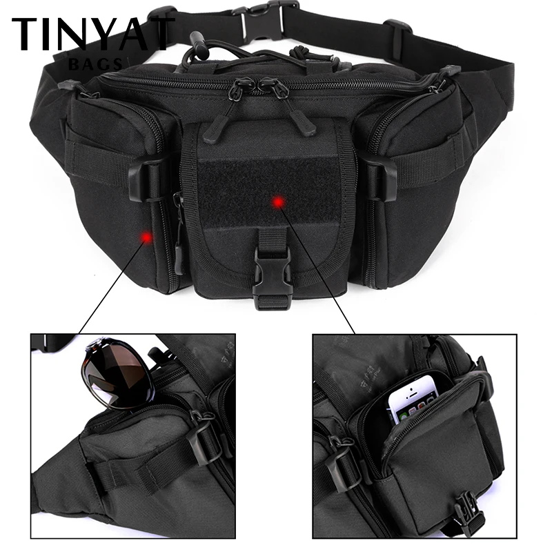 TINYAT Tactical Men's Waist Bag Waterproof Phone Military Belt Bag Pouch Large Black Outdoor Hiking Fanny Pack Fishing Crossbody