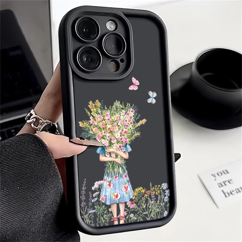 Противоударный чехол с изображением девушки цветов для iPhone 15 Pro Max 11 12 13 14 Мягкая
