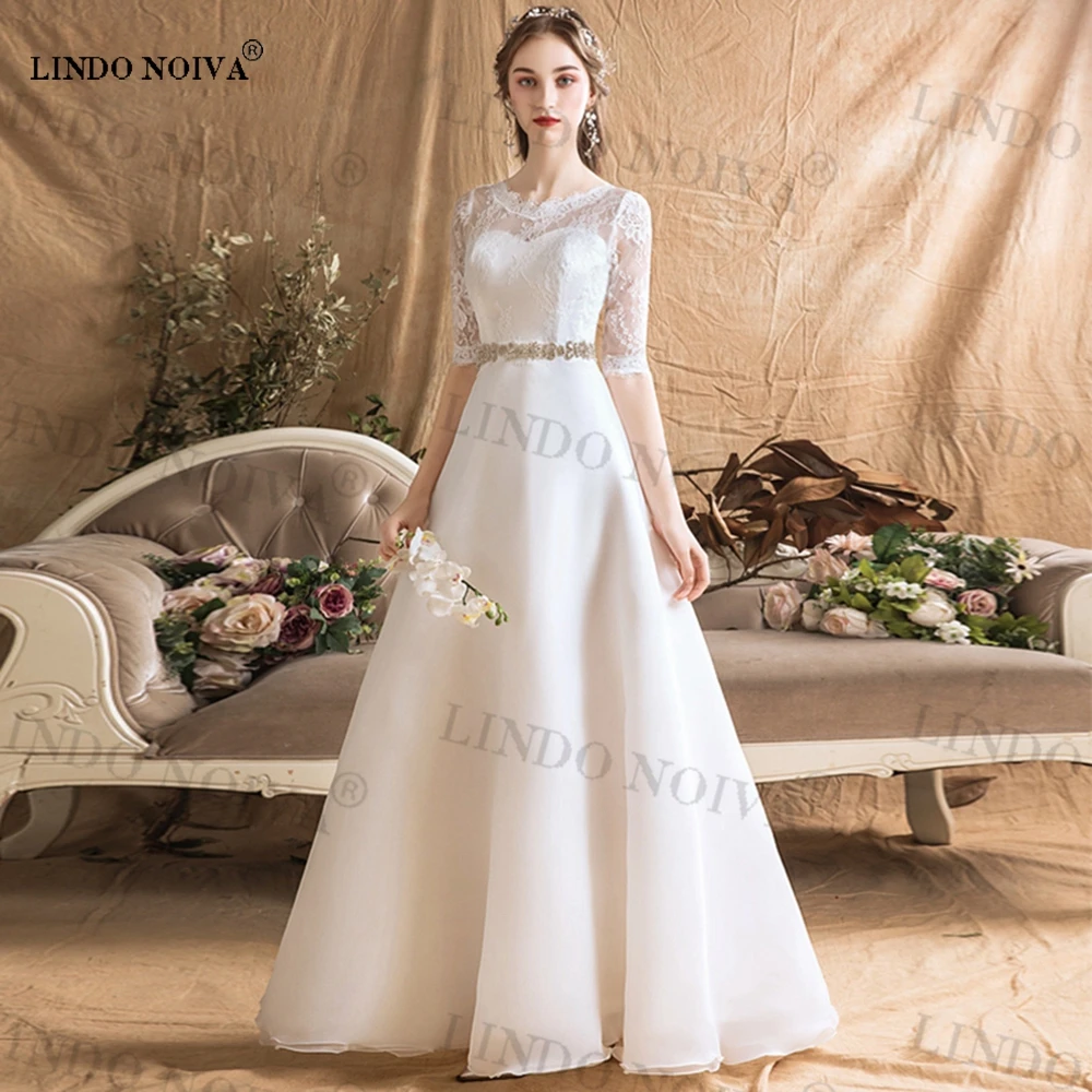 

LINDO NOIVA Vestido De Noiva Simple Organza A-line Sashes Wedding Dress Elegant Half Lace Sleeves Floor-length Bridal Dresses