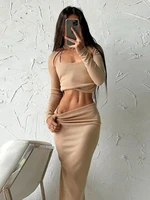temperament hanging neck halter vest long sleeve cardigan slim skirt womens two peice sets 2022 new fashion solid color dress