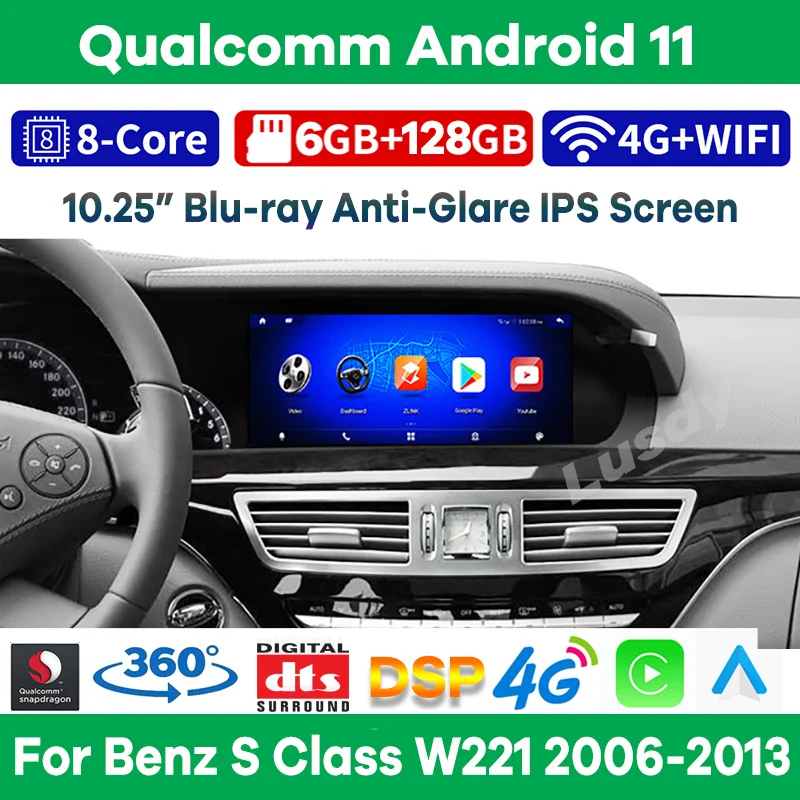 Qualcomm 6+128G Android 11 Car Multimedia for Mercedes Benz S Class W221 2006-2013 Auto Radio Stereo Video GPS CarPlay Screen 4G