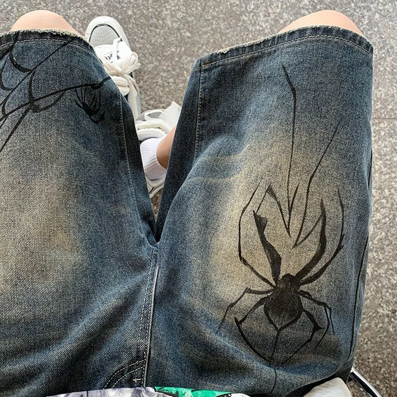 

Black shorts mens jeans Breeches Spider Cobweb Harajuku Denim Hip Hop Short Pants Grunge Bermudas Jeans Shorts Women Streetwear