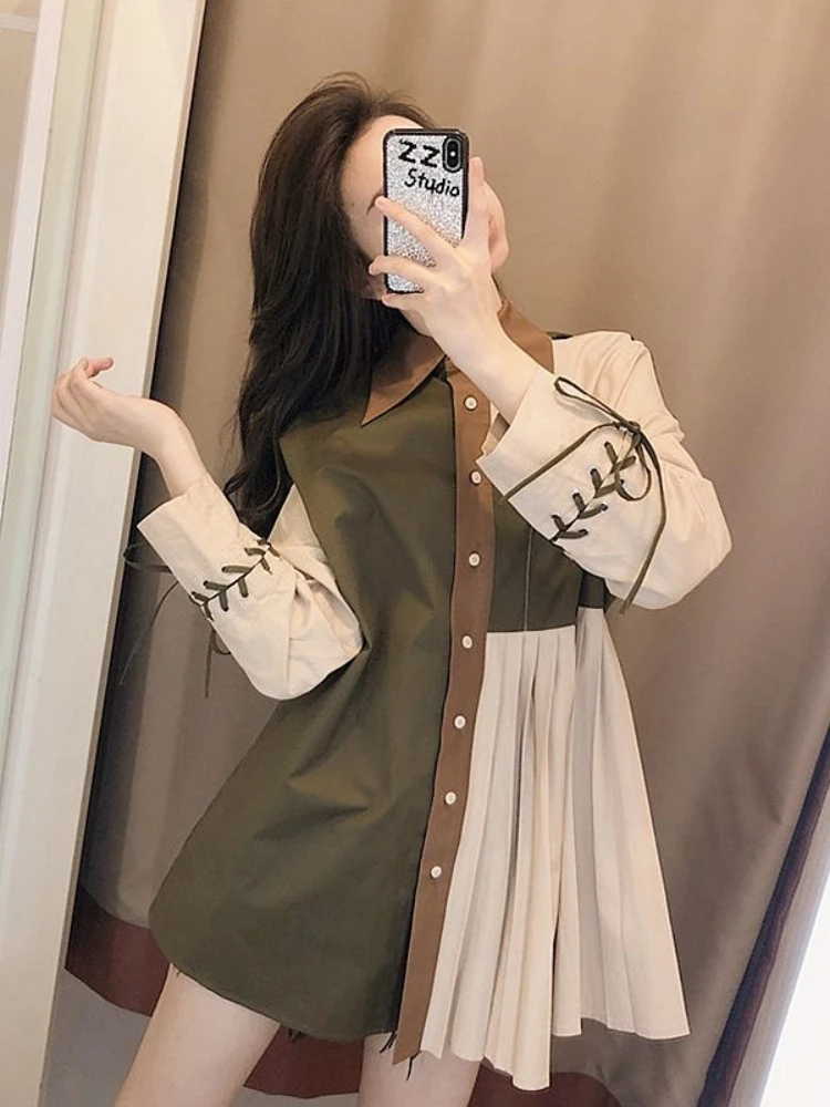 

Patchwork Contrast Color Shirts Women Bandage Pleated Spring Autumn Long Sleeve Tops Vintage Turn Down Collar Casual Blouses