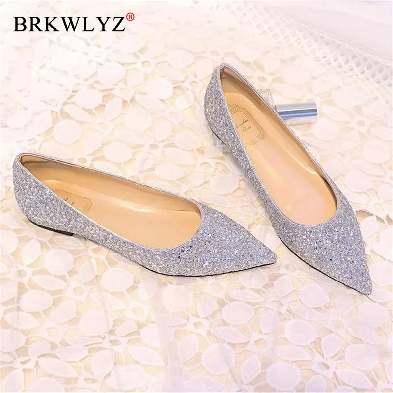 

Plus Size 31-44 Fashion Classics Silver Bling Glitter Flats Women Casual Pointed Toe Flat Loafers New Party Dress Sequin Shoes