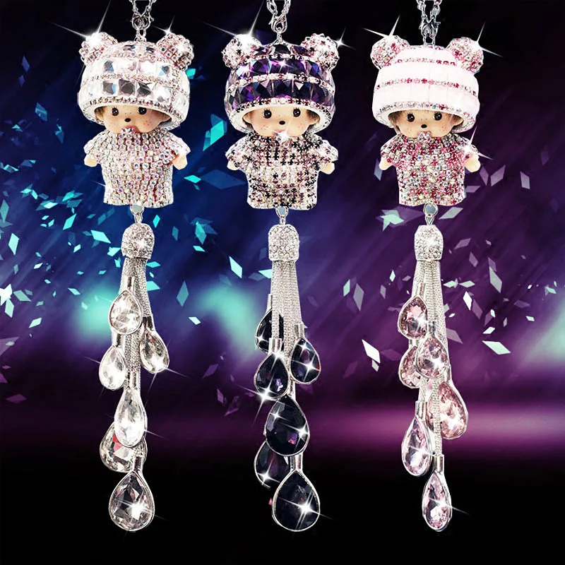 

Fashion Crystal Car Pendant Cartoon Diamond Doll Rear View Mirror Car Decoration Pink Car Accessories for Girls