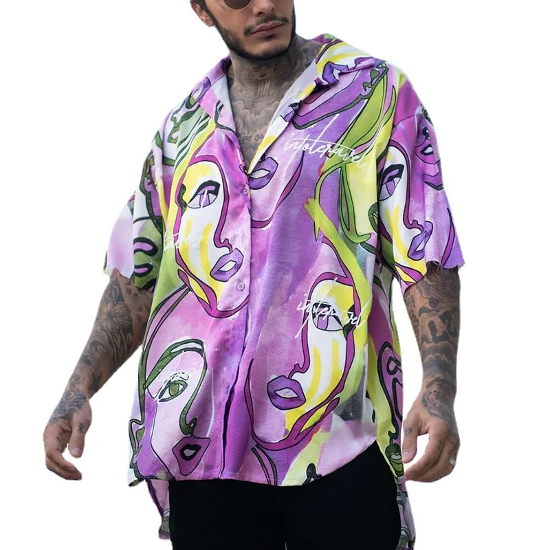Summer Shirt Men's Casual Printed Loose Cardigan V-neck Shirt Men's Fashion Long Sleeve Single-Breasted Turn-down Collar Shirt