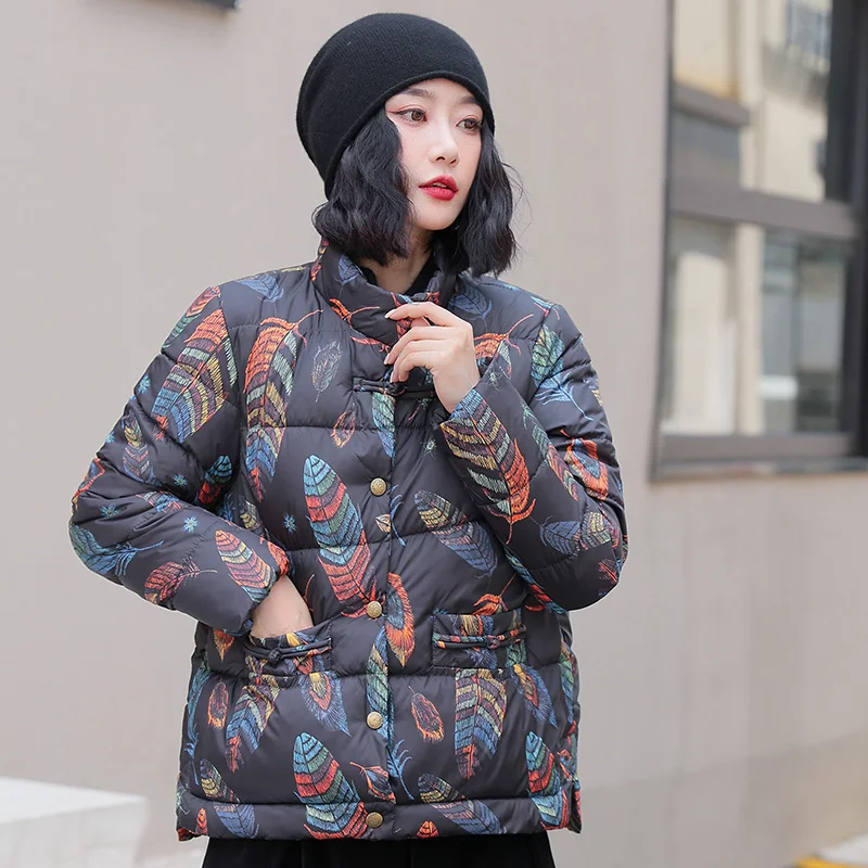 Winter Jacket Woman Hooded 2022 New Casual Single Breasted Floral Parkas Vintage Warm Winter Coat Female Clothing