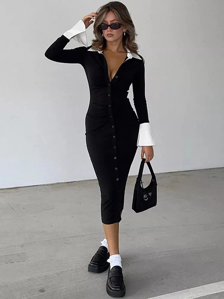 

Sexy Collar Long Sleeve Button Winter Spring Fall Daily Midi Dresses