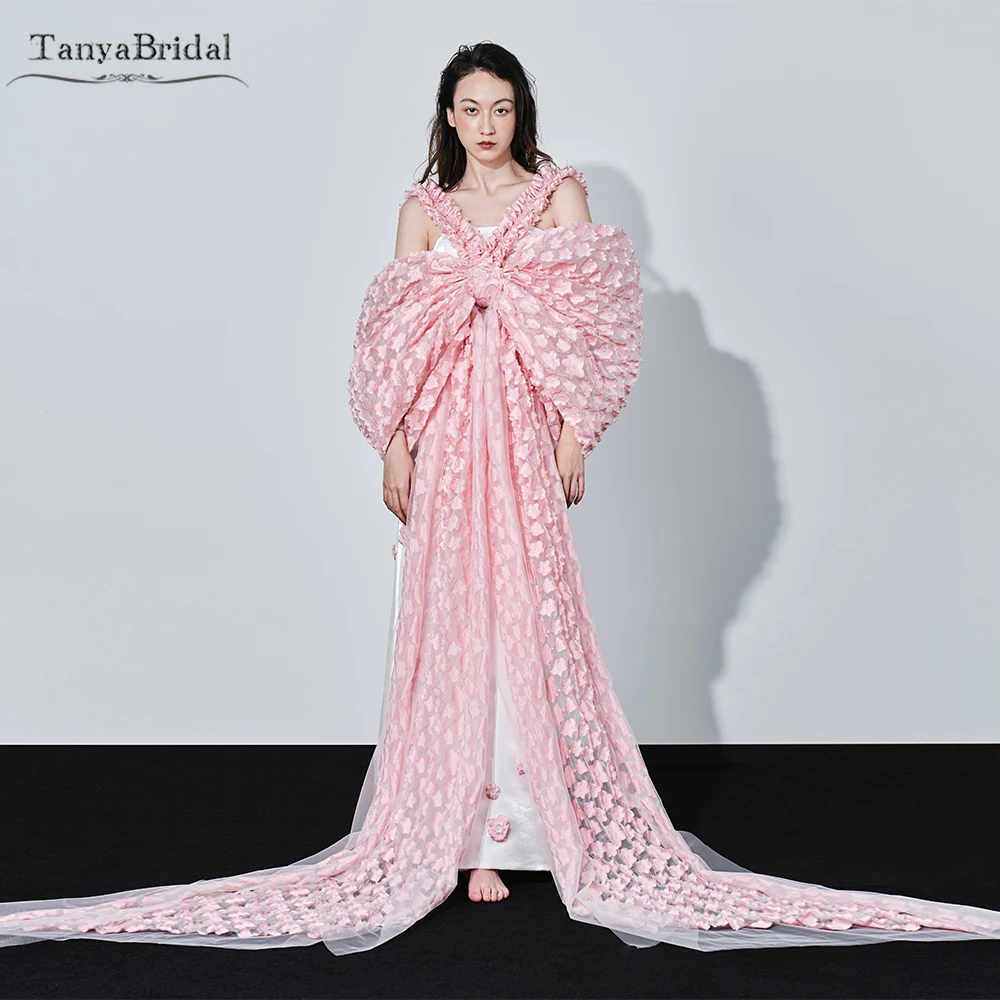 

Pink Bow Cape With Little Small Flowers Lace Fabric ,New Fashion Elegant Bridal Cape With Long Ribbon DJ240