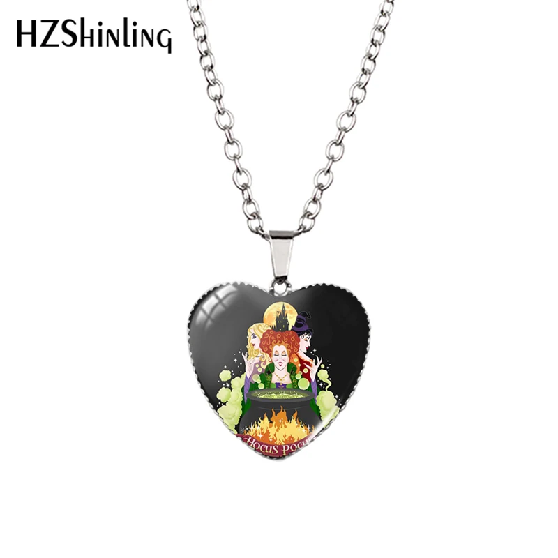 

2022 Hocus Pocus Halloween Witch Heart Shaped Necklace Glass Cabochon Pendants Handmade Crafts Fashion Jewelry