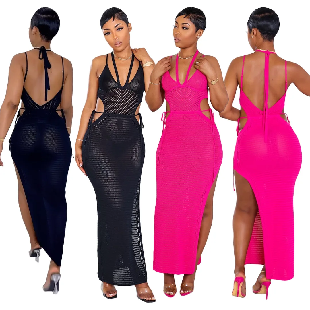 

Sexy Hollow Out Backless Knitted Dress Summer Women Sleeveless Lace-up Bodycon Maxi Dresses Elegant Beach Party Holiday Robes