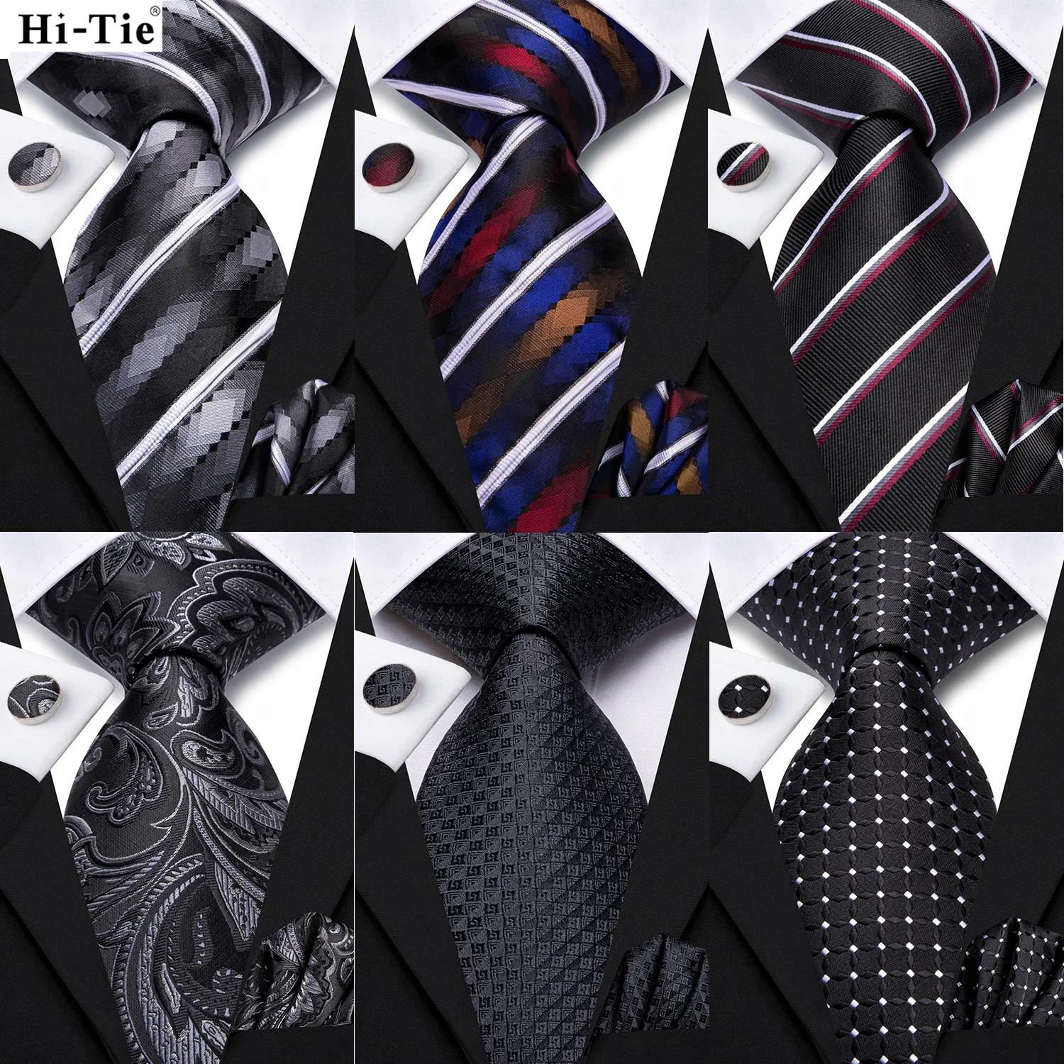 

Hi-Tie New Striped Black White Silk Elegant Tie For Men Groom Wedding Men Necktie Pocket Square Cufflink Accessory Wholesale