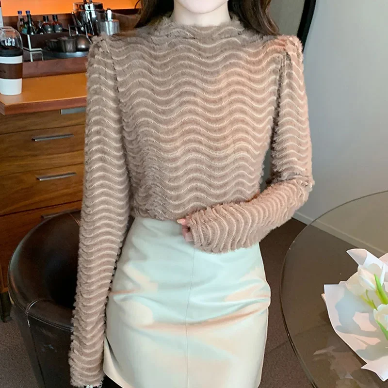 Новая осенняя женская блузка с воротником-стойкой кружевная длинным рукавом