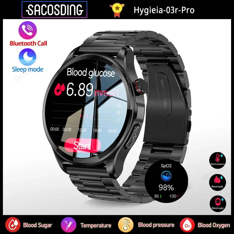 

Hygieia-03r-Pro ECG+PPG NonInvasive Blood Glucose Smart Watch Men Bluetooth Call Clock Heart Rate Health Smart Watch Android ios